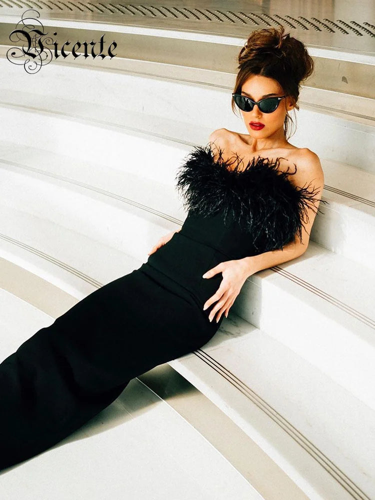 Woman Strapless Feather Design Dress For Party Chic Bodycon Bandage Black Long Dress Vestido