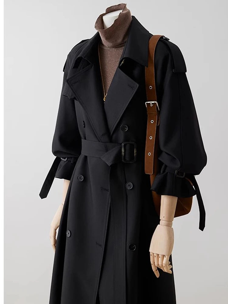 Lautaro Spring Autumn Oversized Khaki Long Trench Coat for Women Double Breasted Loose Casual Black Korean Fashion Overcoat 2025 Black