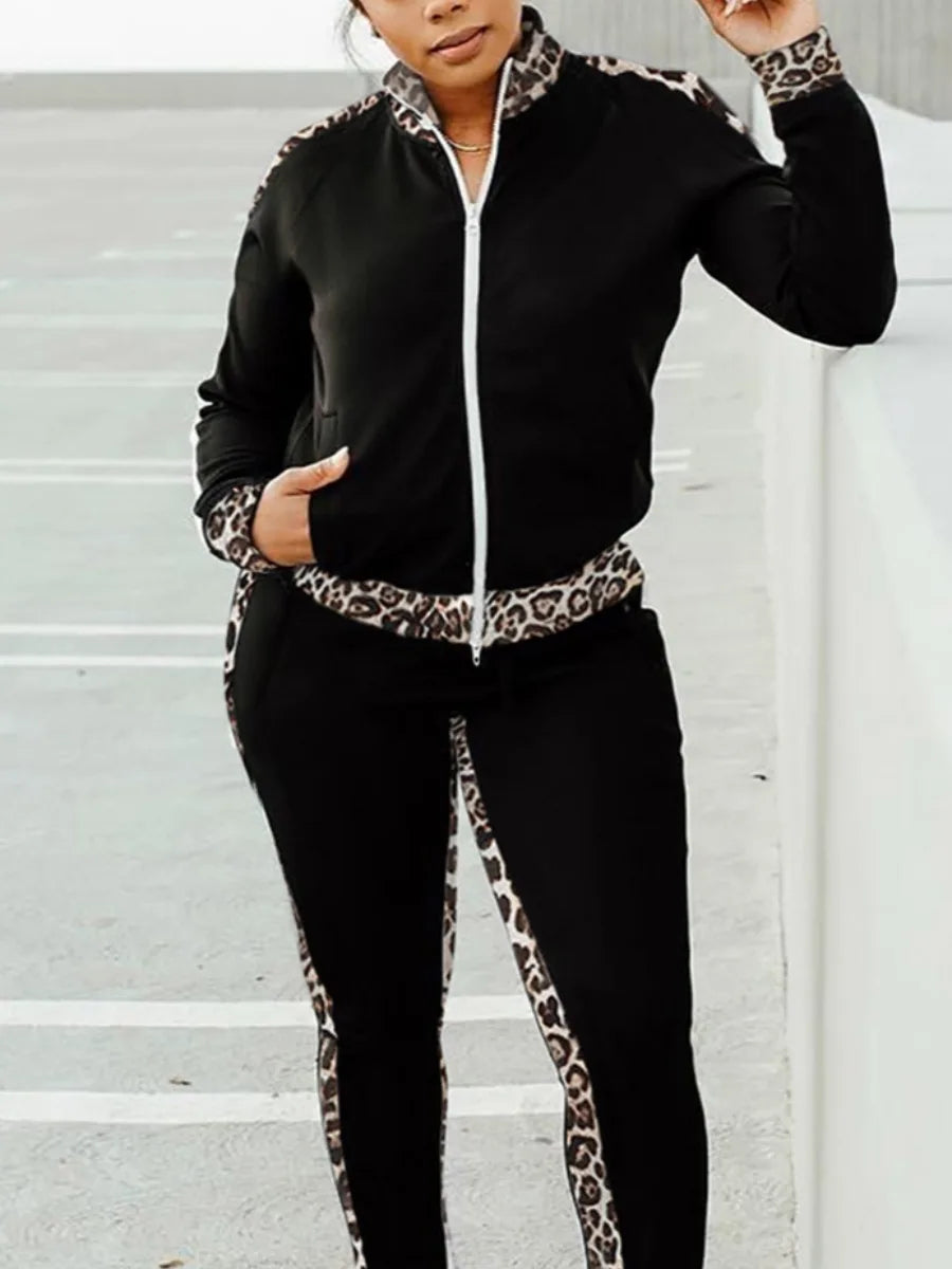 LW Plus Size Leopard Print Tracksuit Set Women Patchwork Zipper Design Mandarin Collar Long Sleeve Two Piece Pants Matching Set