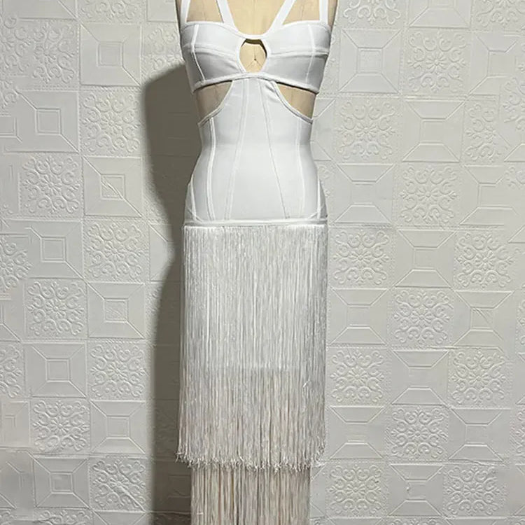 2024 Summer Sexy Tassel Bandage Dresses Women's Spaghetti Sleeveless Hollow Bodycon Long Dress Celebrity Evening Party Vesidos