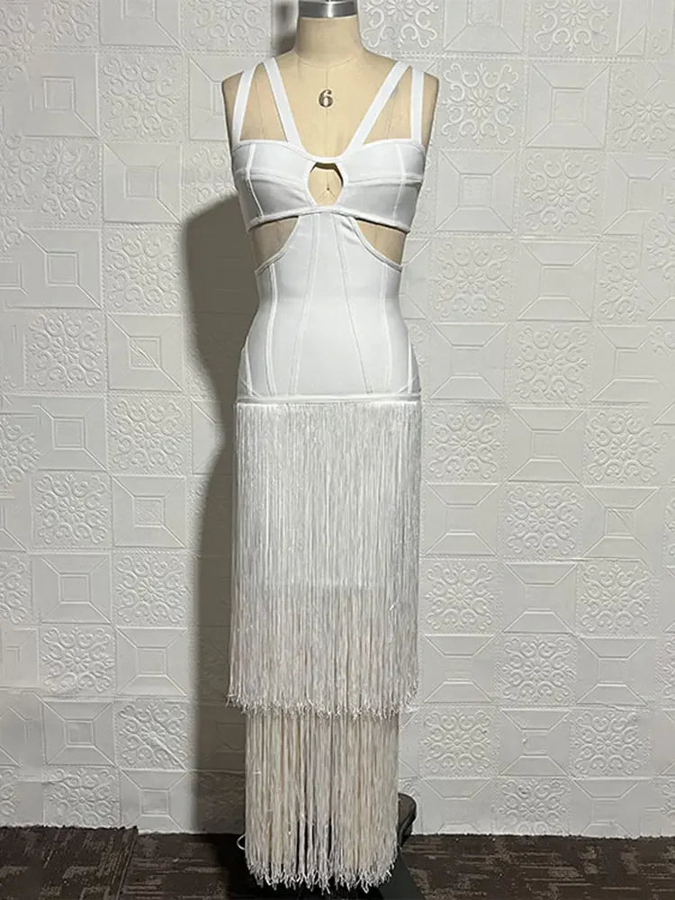 2024 Summer Sexy Tassel Bandage Dresses Women's Spaghetti Sleeveless Hollow Bodycon Long Dress Celebrity Evening Party Vesidos
