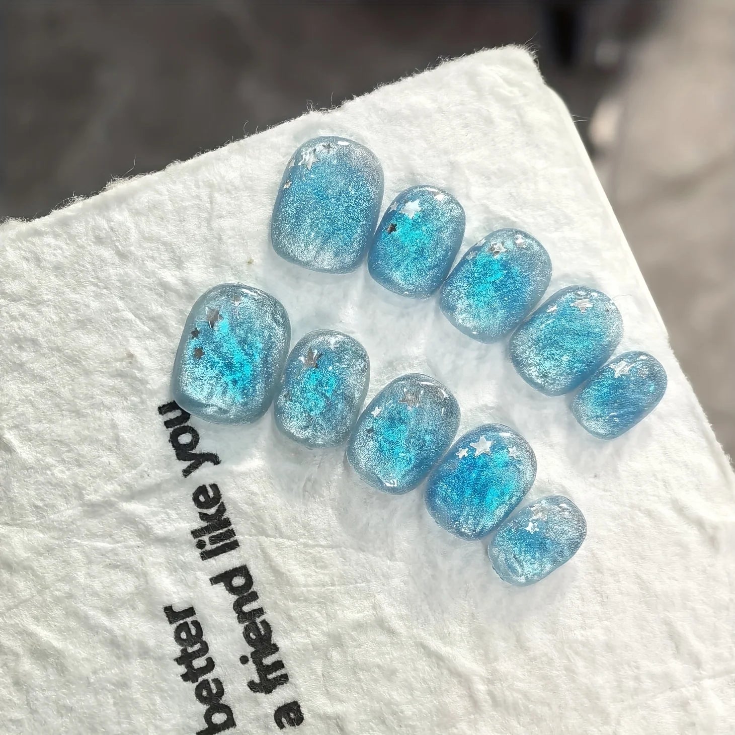 10pcs Handmade Press on Nail Ice Blue Ocean Star Ice-transparent Texture False Nail for Women&Girl Short Oval Wearable Nail