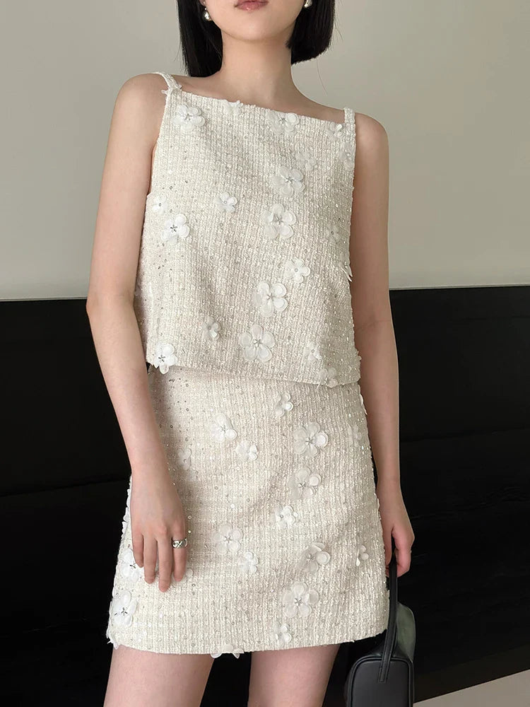 Patchwork Floral Two Piece Sets For Women Round Neck Sleeveless Vest High Waist Mini Skirt Casual Set Female 2023