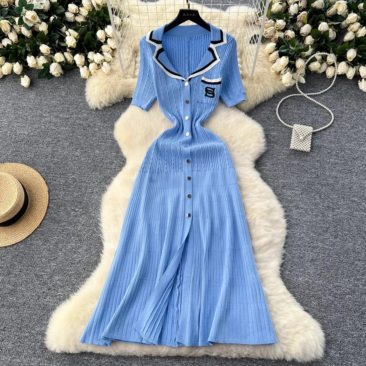 YuooMuoo Summer Women Knitted Long Dress Brand Fashion Turn-down Collar A-line Sweater Dress Elegant Lady Office Dress Robe Blue One Size