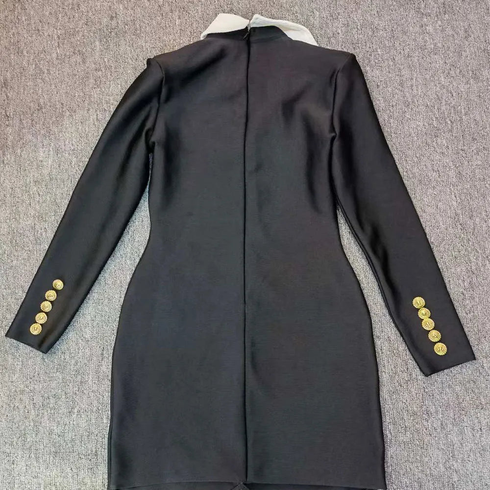 2024 Autumn Women Elegant Bandage Dress with Large Collar Long Sleeve Button Design Bodycon Asymmetric Mini Dress Party Vestidos