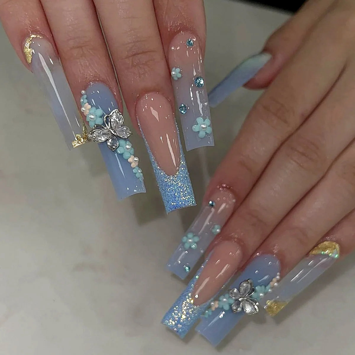 24pcs/set Long Medium short fake nails for women girls cute bow flowers decoration french tips faux ongles press on false nail 775