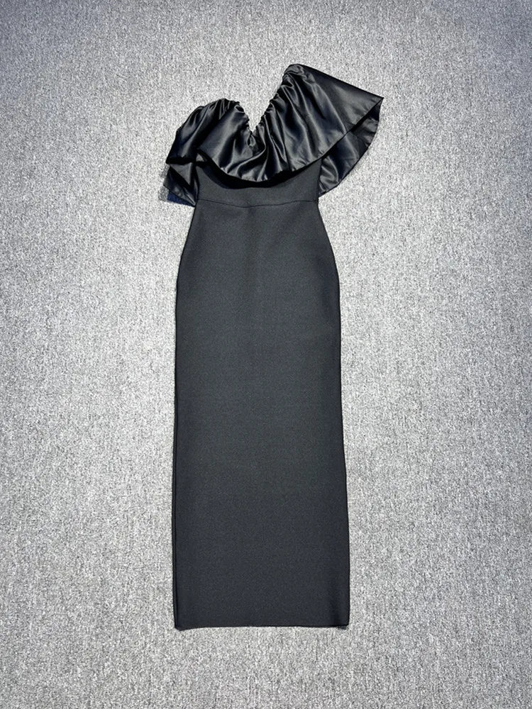 New Women Sexy One Shoulder Ruffles Black Maxi Long Bodycon Bandage Dress 2024 Elegant Evening Club Party Dress