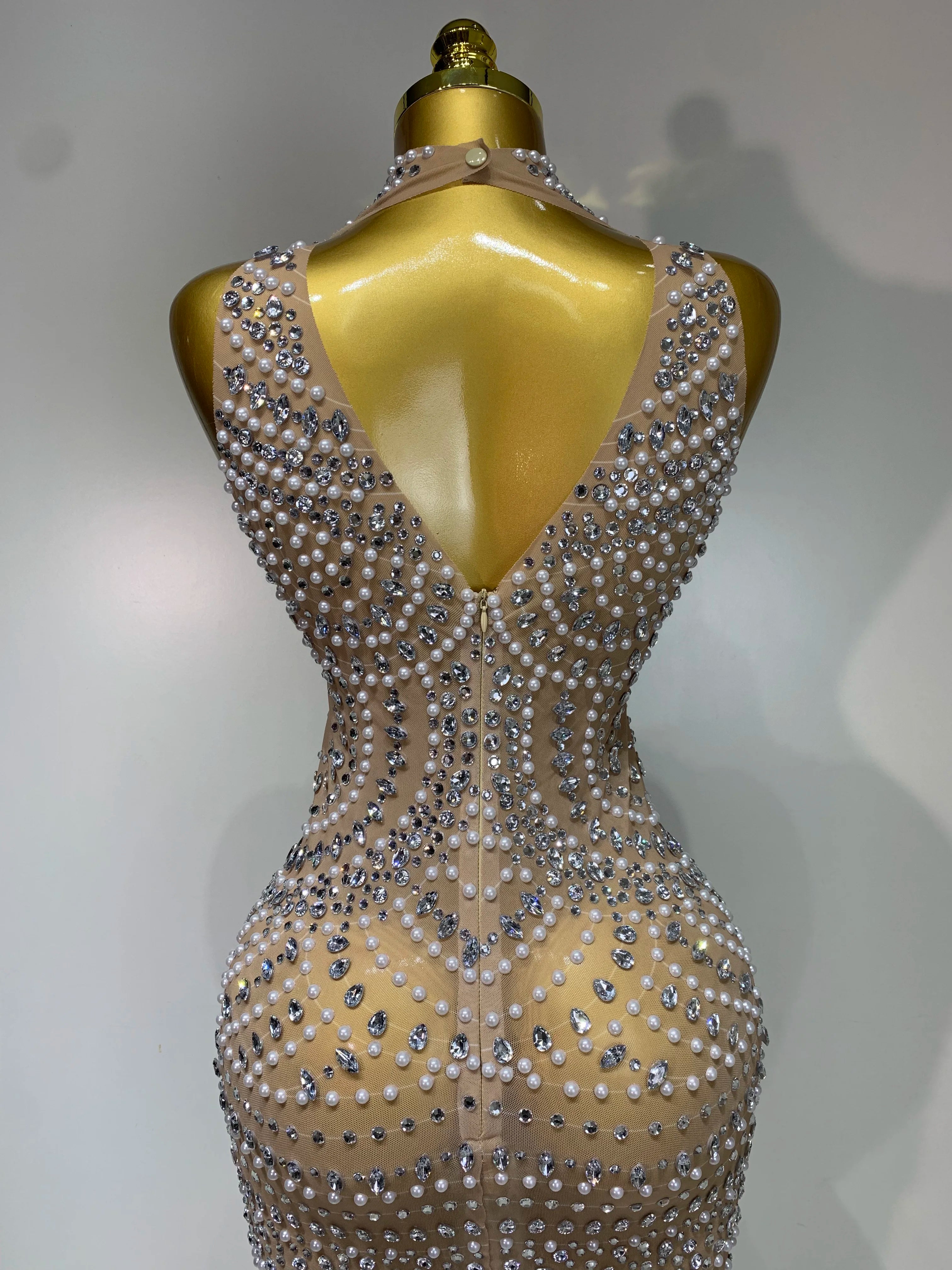 Elegant Sexy Sparkly Pearl Rhinestone Sleeveless Long Dress Women Birthday Party Evening Prom Wedding Luxury Photoshoot Outfits