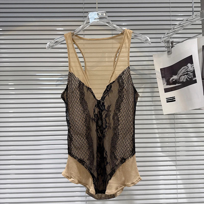 Winter New Fashion V-neck Lace Patchwork Slim Fit Mesh Camisole For Women Versatile Tank Tops Female Trend 11A07580 Khaki
