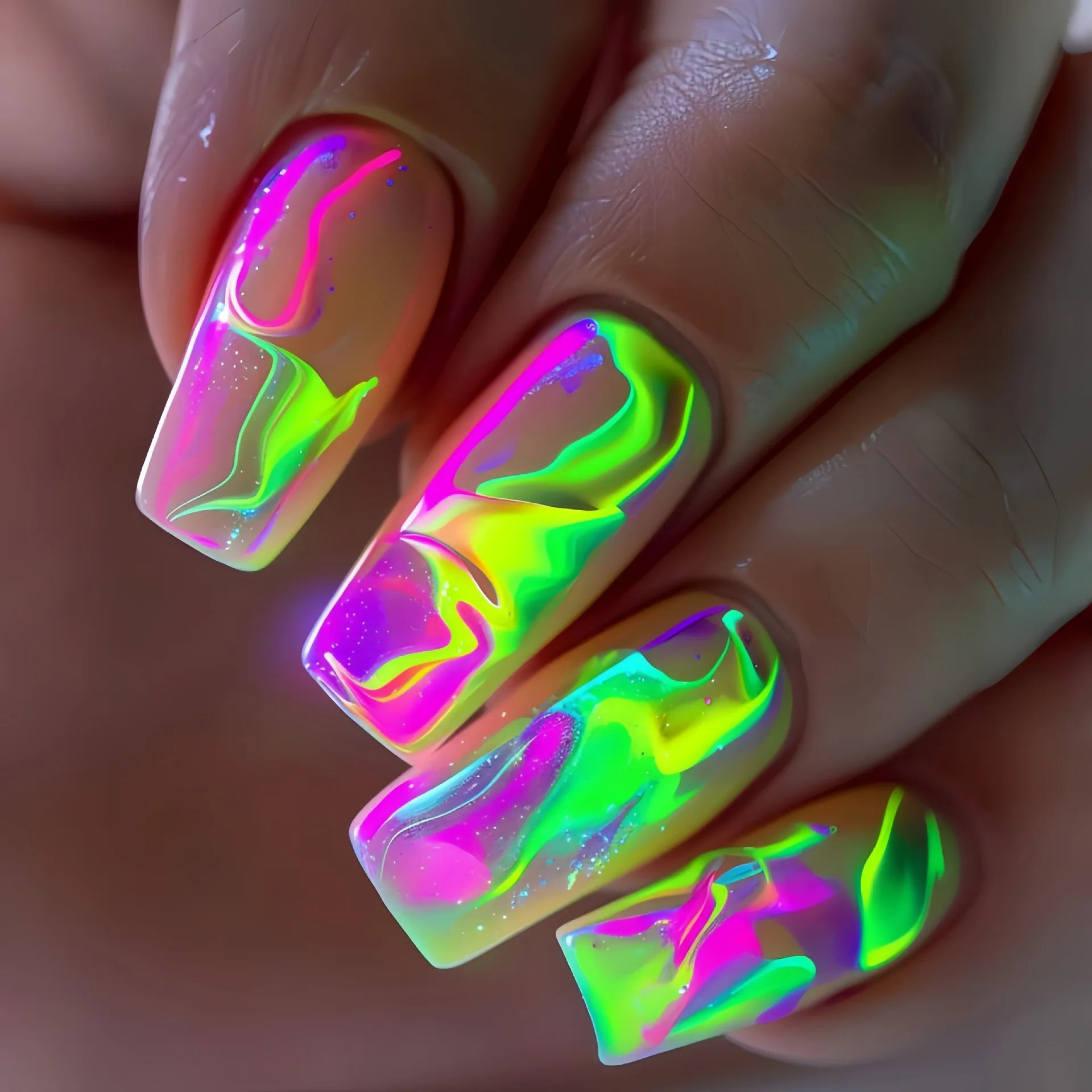 24Pcs Lightning Stripe Smudging Press on Fake Nails Mid-length Square Head False Nails Green Wearable Fashion Full Nail Art Tips 14
