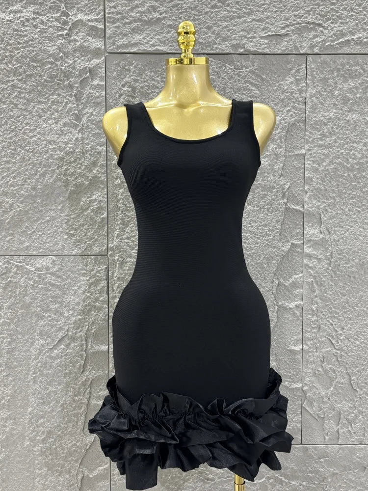 Women Sleeveless Sexy O-Neck Ruffles Bodycon Mini Bandage Dress Celebrate Nightclub Party Bar Singer Outfit black