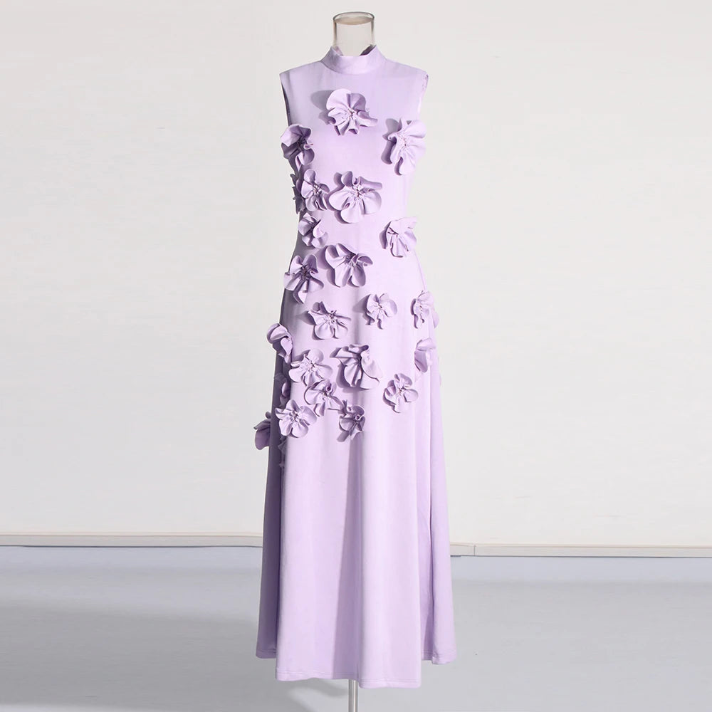 Patchwork Appliques Chic Dress For Women Stand Collar Sleeveless High Waist Spliced Lace Up Elegant Dresses Female PURPLE