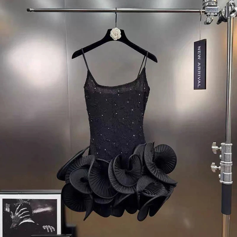 Autumn Winter New Elegant Sweet Rhinestone Ruffle Puff Sleeve Strap Dress For Women Backless Dresses Female 11A07818 Black