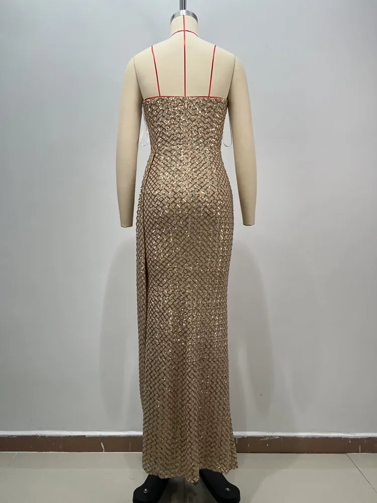 Women Celebrity Sexy Strapless Sequins Gold Crystal Split Maxi Long Gowns Dress 2024 Elegant Evening Party Club Vestido
