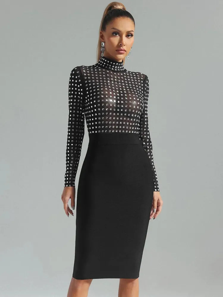 est Women Celebrity Sexy Turtleneck Rhinestone Black Midi Bodycon Bandage Dress Elegant Evening Club Party Dress black