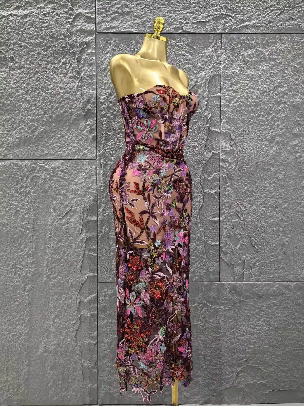 Top Quality Women Sexy Strapless Embroidery Florals Bodycon Long Dress Elegant Evening Party Cocktail Fashion Girls' Outfit