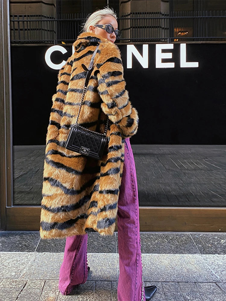 Winter Long Warm Thick Leopard Faux Fur Coat Women Tiger Print Loose Luxury Fluffy Clothing Female Thicken Plush Overcoat