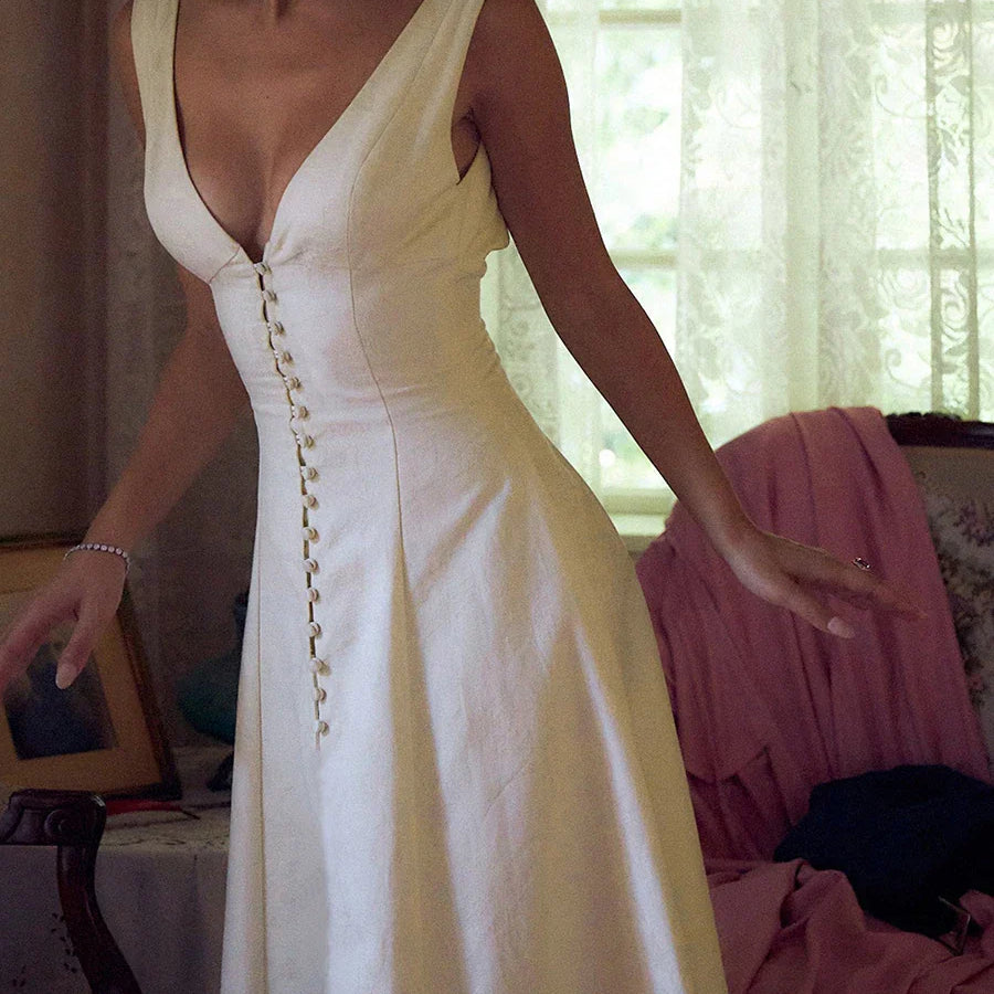 Women’s V Neck Tank Dress Low Cut Front Button A-line High Waist Backless Knee Length Dress for Party Club Wedding Night