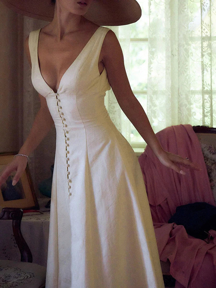 Women’s V Neck Tank Dress Low Cut Front Button A-line High Waist Backless Knee Length Dress for Party Club Wedding Night