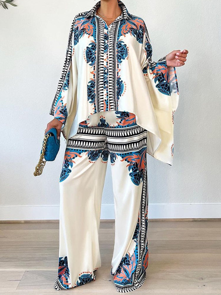 Printed Lapel Blouse Pants Sets Women 2024 Autumn Long Bat Sleeve Shirt Tops Loose Wide Leg Pant 2 Piece Set Female Casual Suit