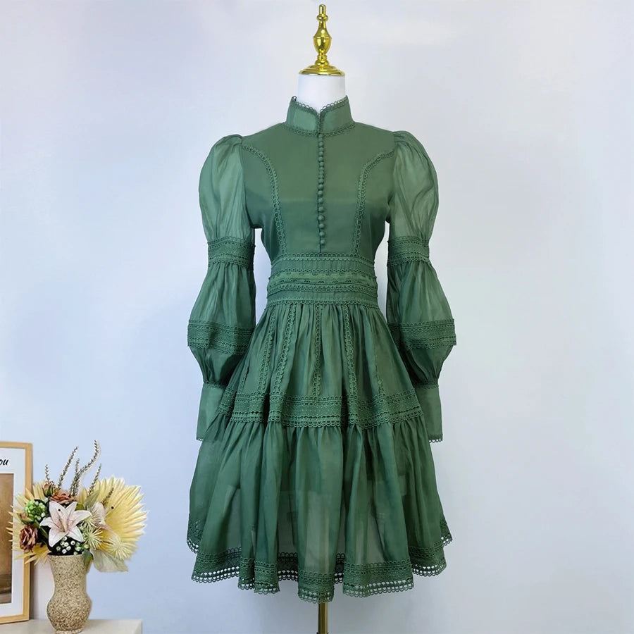 Runway Designer Embroidery Lace Patchwork Party Night Dress High Lantern Sleeve Stand A Line Vintage Elegant Dress