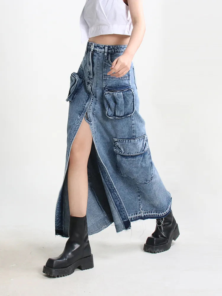 Split Denim Skirts For Women High Waist Patchwork Pocket Temperament Solid Skirt Female Autumn Fashion Style New