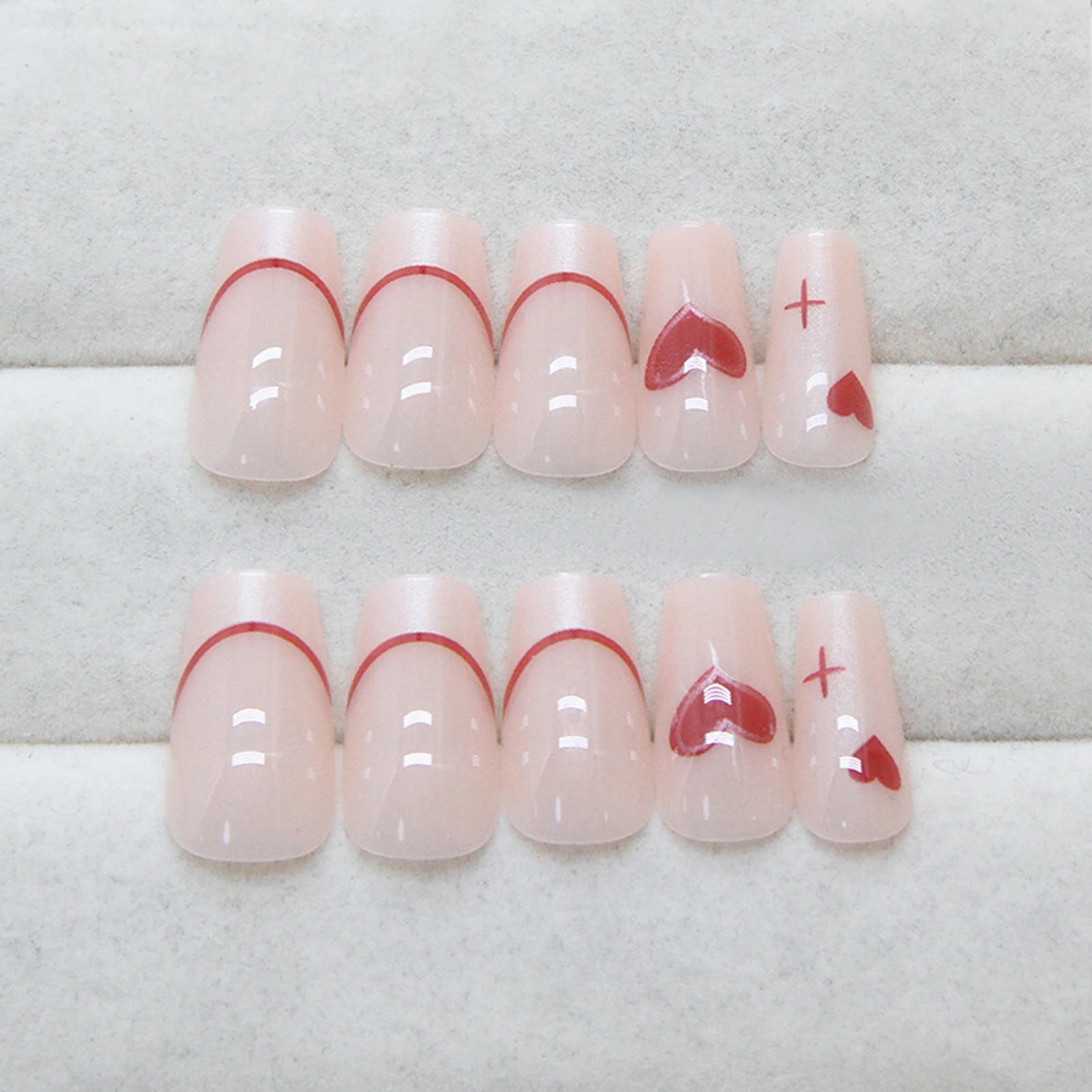 Nude Color Ballet Fake Nails 24Pcs French Press On Nails Love Heart Printed Ballerina Wearable False Nails Valentine's Day Use