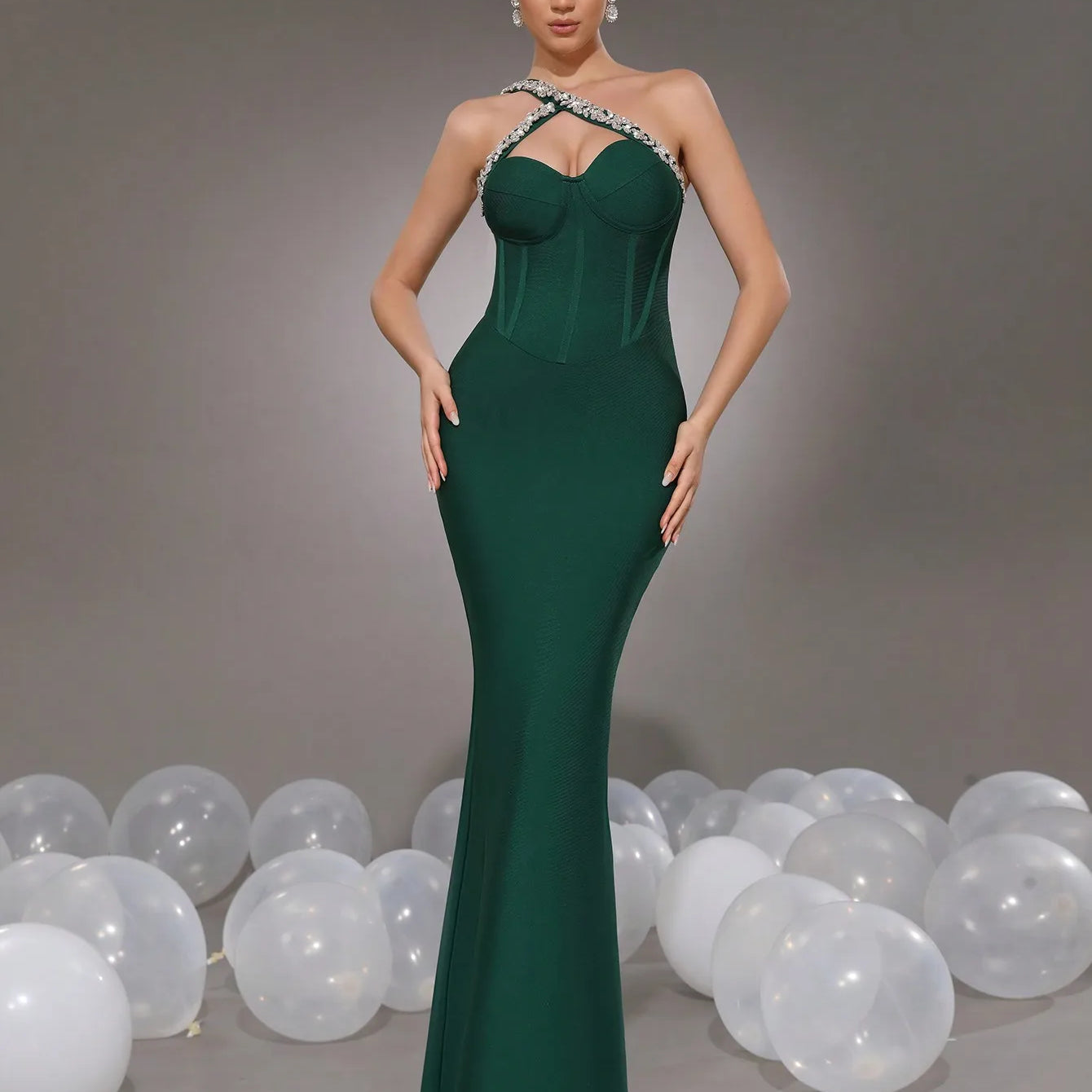 2024 Sexy Women's Wear Beaded Water Diamond Bandage Dress One Shoulder Sleeveless Bodycon Off the Back Long Dress Party Vestido Dark Green