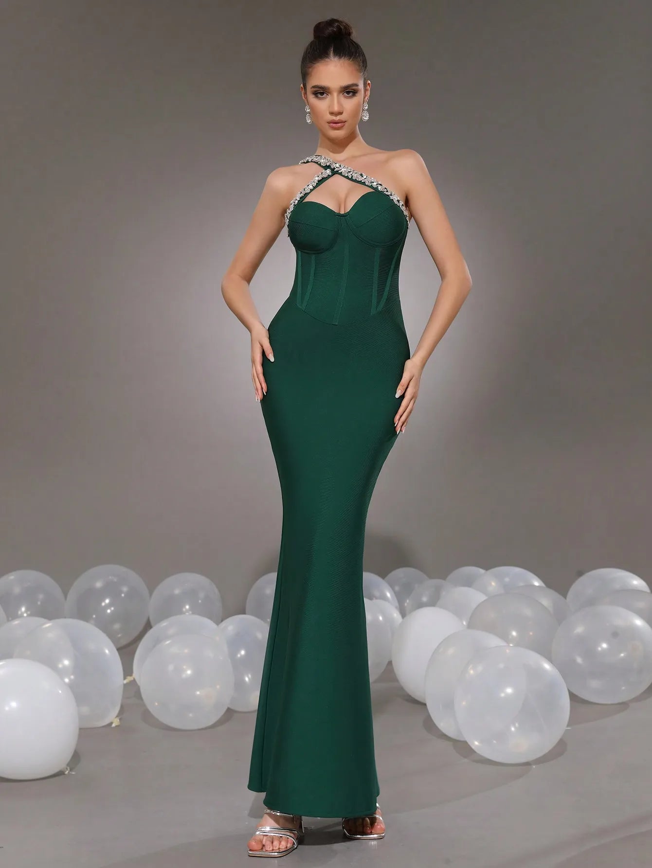 2024 Sexy Women's Wear Beaded Water Diamond Bandage Dress One Shoulder Sleeveless Bodycon Off the Back Long Dress Party Vestido Dark Green