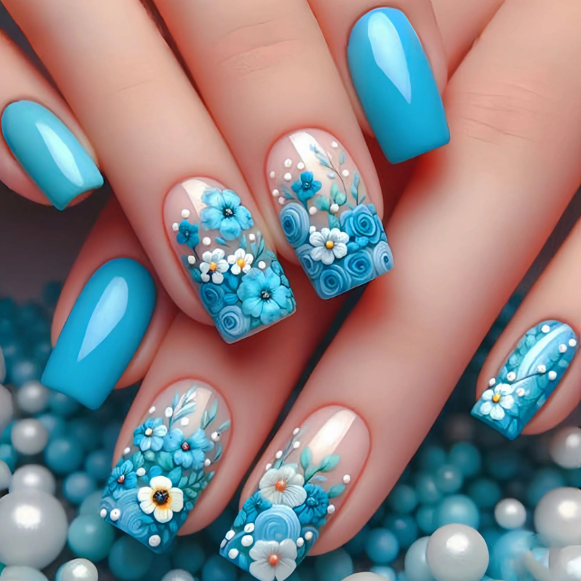 24pcs/set Medium long fake nails square ballet tips flowers butterfly for spring summer season blue green press on false nail 2085