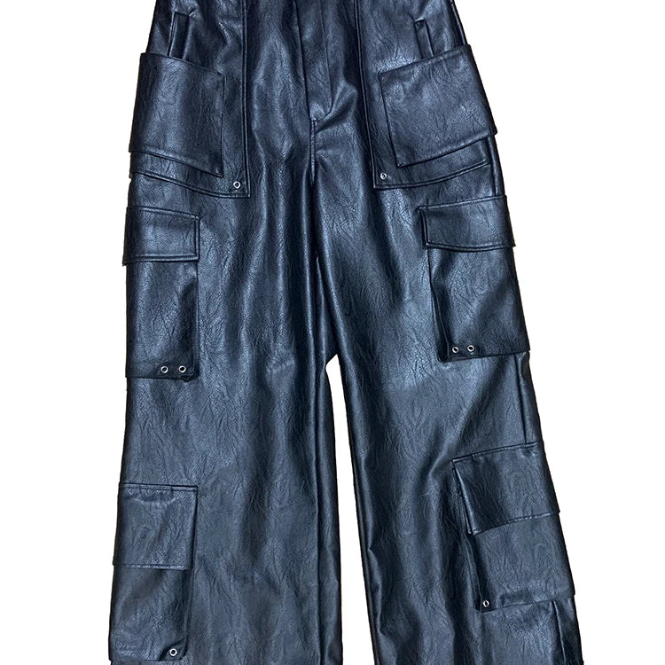 Mauroicardi Autumn Baggy Black Faux Leather Wide Leg Cargo Pants Men with Many Pockets Luxury Mens Designer European Clothing Black