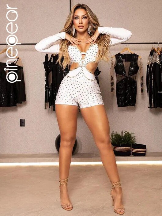 Shiny Diamonds Mesh Playsuits Women Long Sleeve Deep V Neck Sexy Hollow Out See Through Club Party Short Jumpsuits White