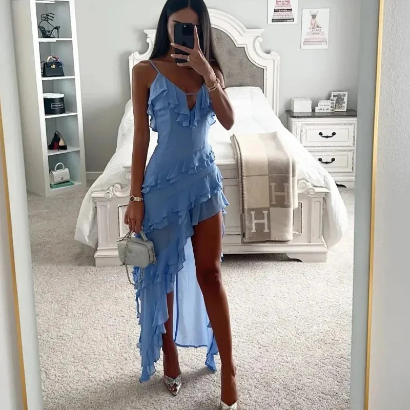 Holiday Maxi Midi Ruffles Beach Dress New Fashion Solid Color A-line Midi Dress Summer Sexy Strap Irregular Dress