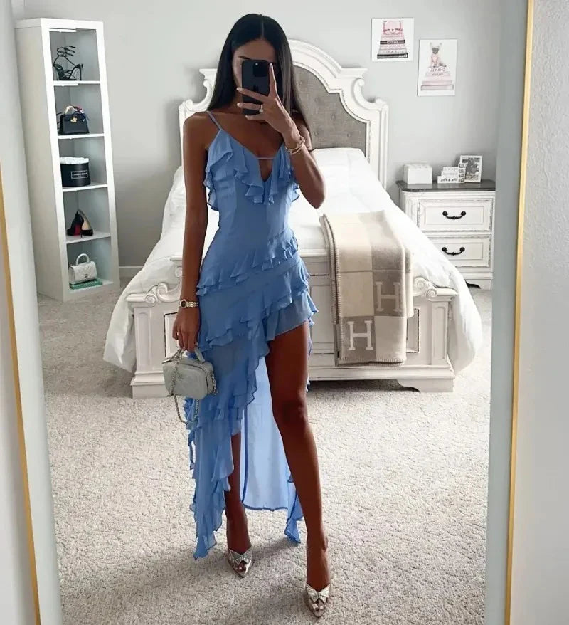 Holiday Maxi Midi Ruffles Beach Dress New Fashion Solid Color A-line Midi Dress Summer Sexy Strap Irregular Dress