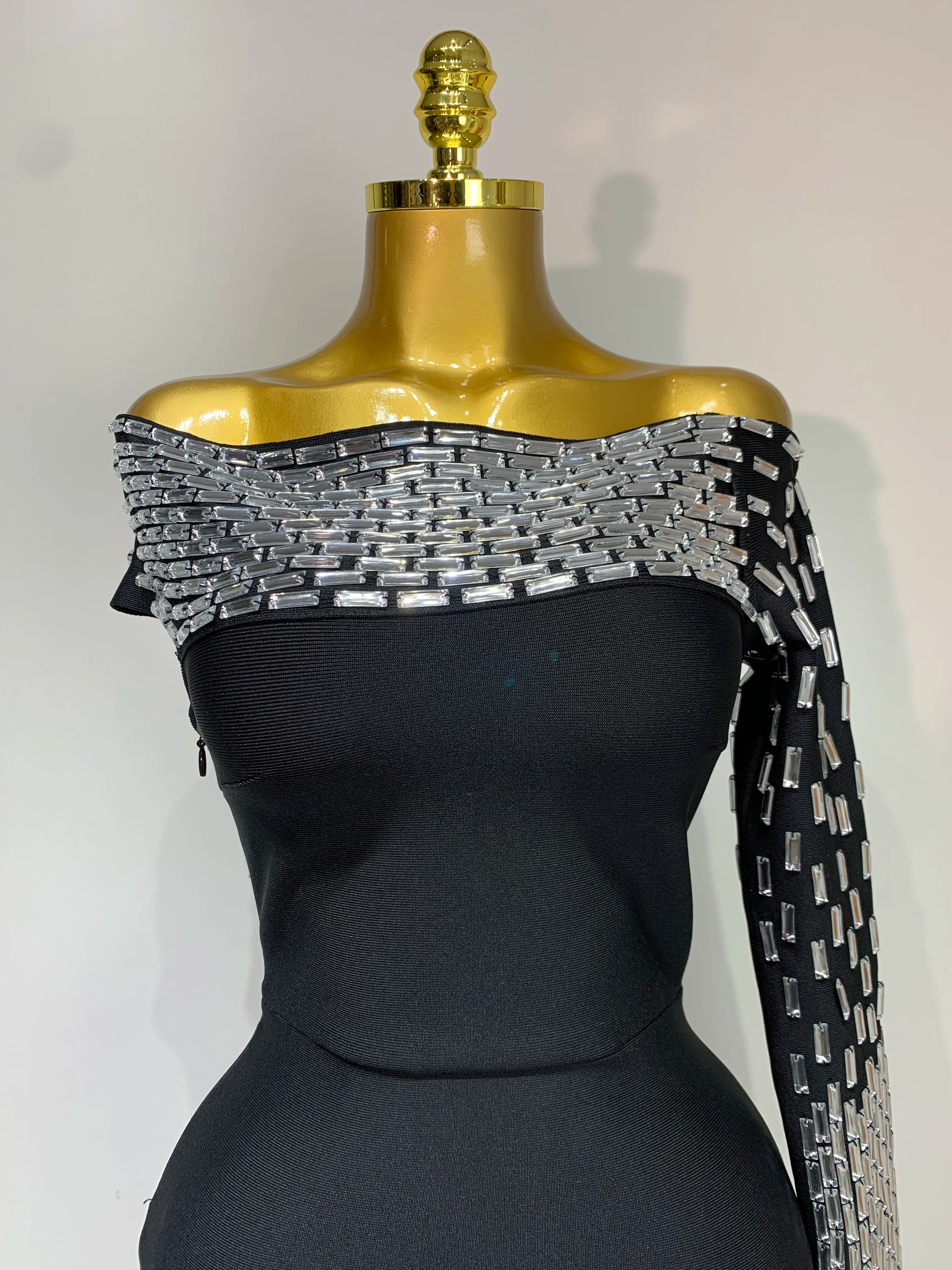 Women Celebrity Sexy Off-shoulder Diamonds Black Maxi Long Bandage Dress Evening Party Celebirty Elegant Stage Performance Dress