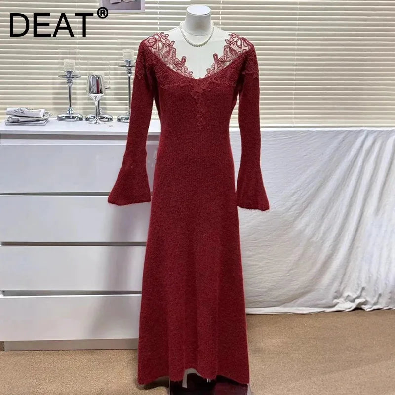 Autumn Winter New Elegant Style Lace V-neck Knitted Sweater Dresses For Women Evening Party Dress Female 11A07910