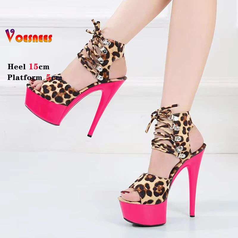 Fashion Shoes Women Stripper Shoes Platform Sandals Girls Leopard Clear High Heels Shoes Strap Sandal Femmes Sandales