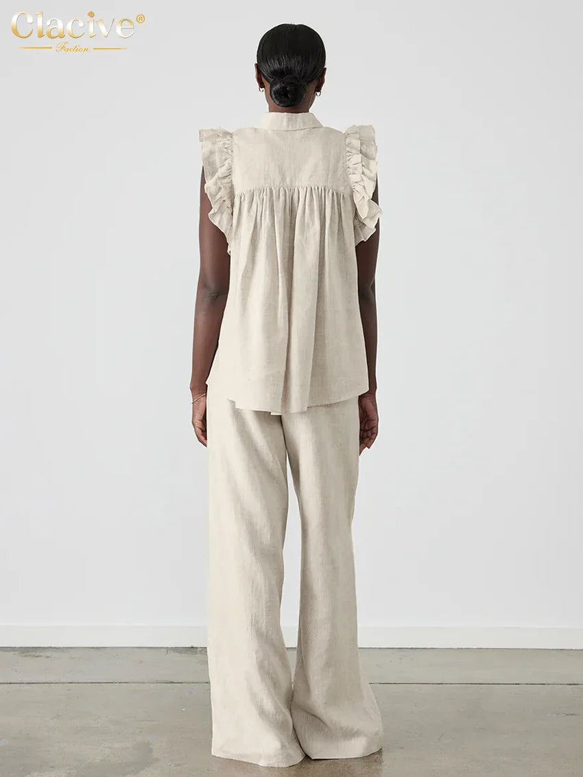 Clacive Fashion Loose Beige Cotton 2 Piece Sets Women Outfit Elegant Sleeveless Tank Top With High Waist Wide Pants Set