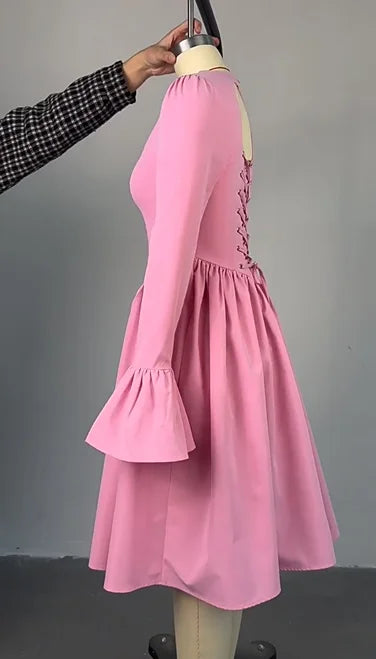 2025 Women O-neck Long Flare Sleeve Pleated Mini Midi Dress Backless Elegant Birthday Beach Night Party Vestidos Dresses