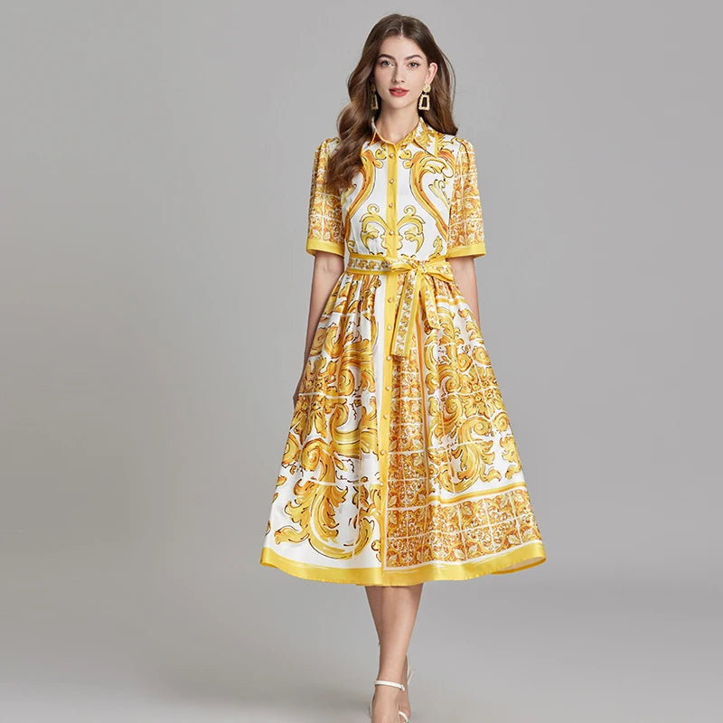 Summer Holiday Yellow Paisley Print Shirt Dresses Women's Turn Down Neck Short Sleeve Belt High Waist Beach Party Vestidos