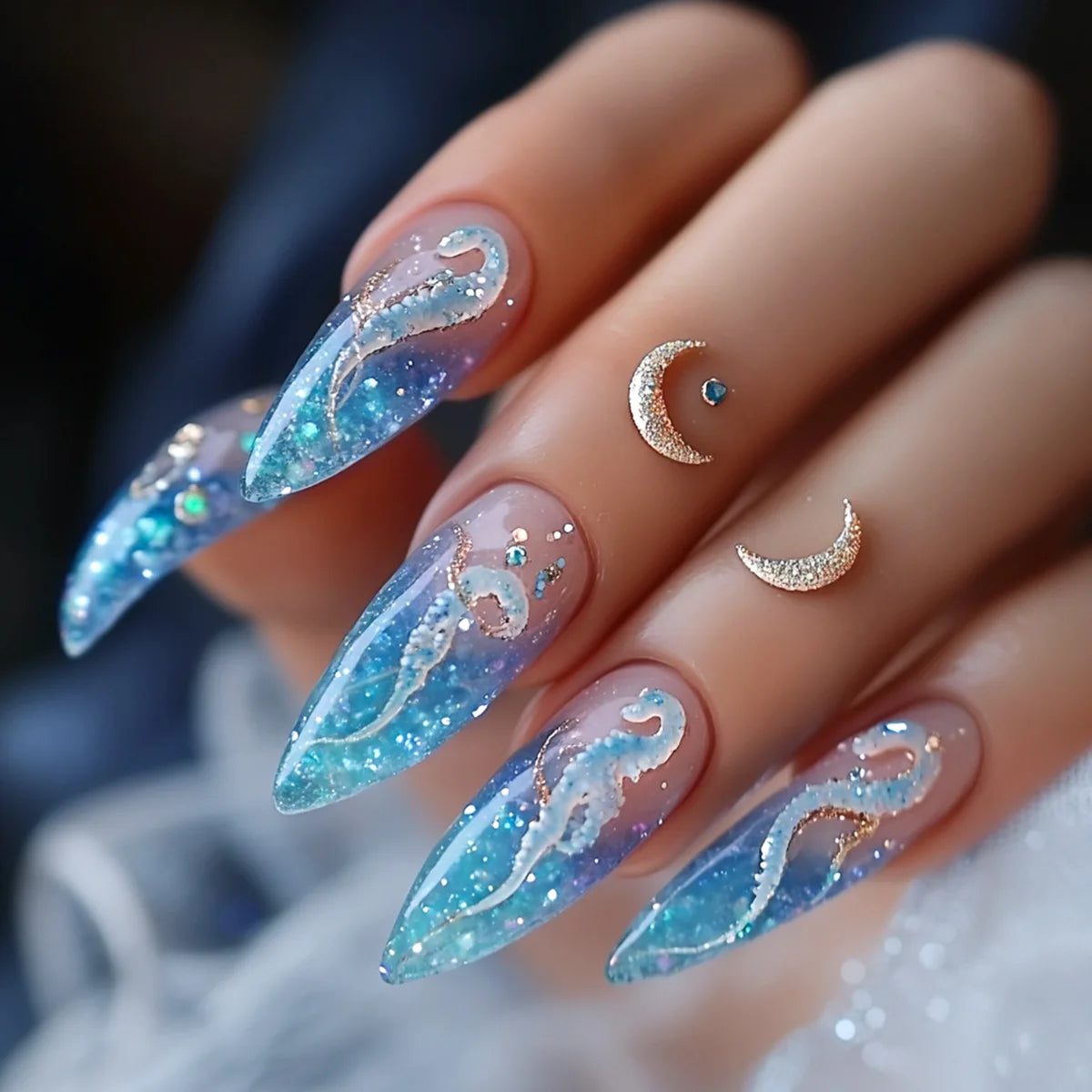 Medium fake nails for women gilrs gradient blue pink starry sky star moon Y2K design Almond nail tips press on false nail set 2258