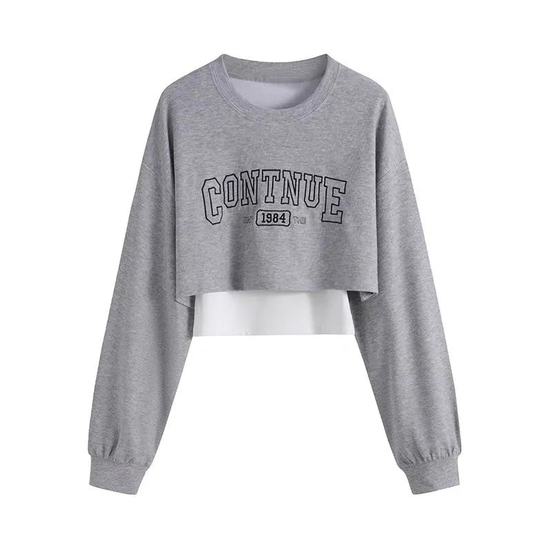 Women's Fashion Tracksuit Korean Elegant Spring Autumn Loose Short Sweater Matching Sets Female Fake Two-piece Blouse Pants Suit Gray Top