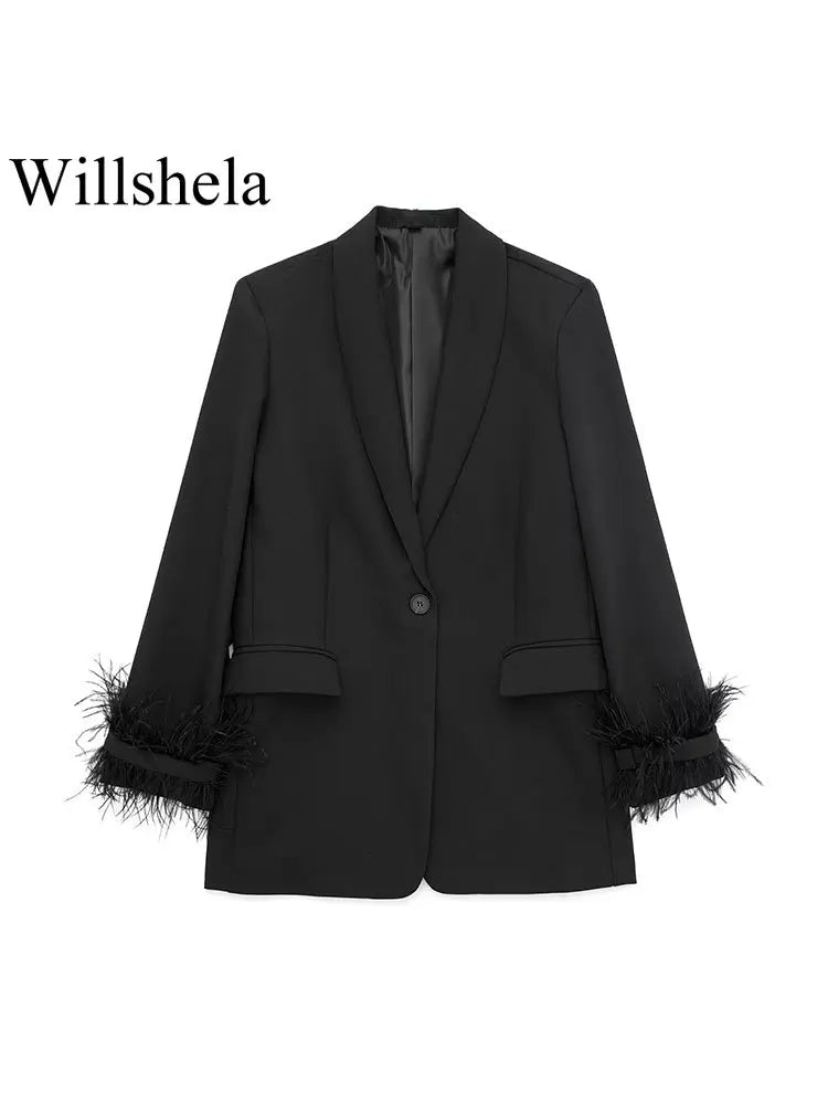 Willshela Women Fashion Satin Black With Feather Blazer Jacket Vintage Notched Neck Single Button Long Sleeves Female Outfits Black