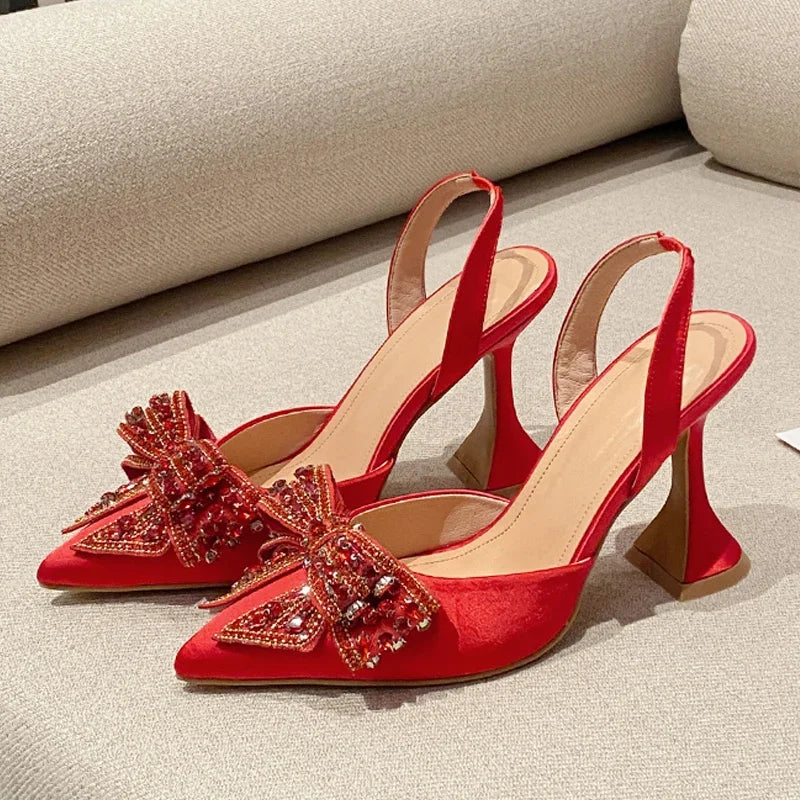 Eilyken New Design Crystal Butterfly-knot Women Pumps Street Style High Heels Pointed Toe Shoes Sexy Wedding Party Sandals Red
