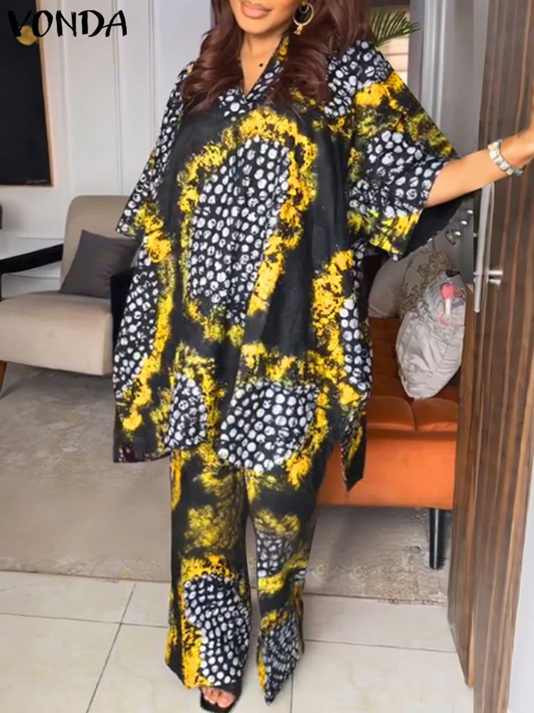 Plus Size 5XL VONDA Women Vintage Pant Sets Print Long Top and Wide Leg Pants Casual Loose 2pcs Two-piece Summer Bohemian Outfit