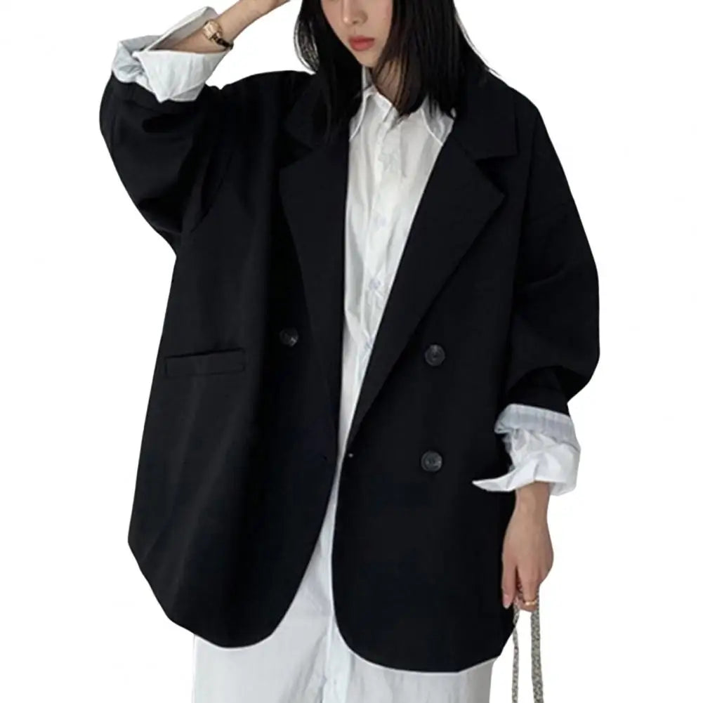 Notched Collar Business Blazer Suit Coat Korean Long Sleeves Pockets Double-breasted Oversized Women Blazer Jackets Suit Coat black