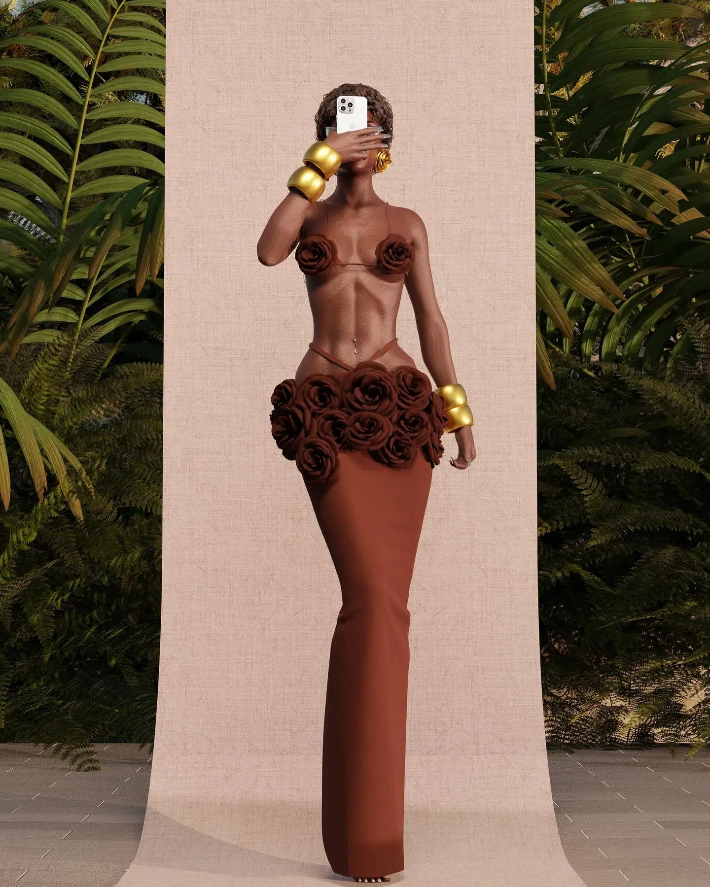 Brown Color Women Sexy Strap Florals Bandage Tops 2 Pieces Bodycon Long Dress Nightclub Party Celebrate Photo Shoot Wear