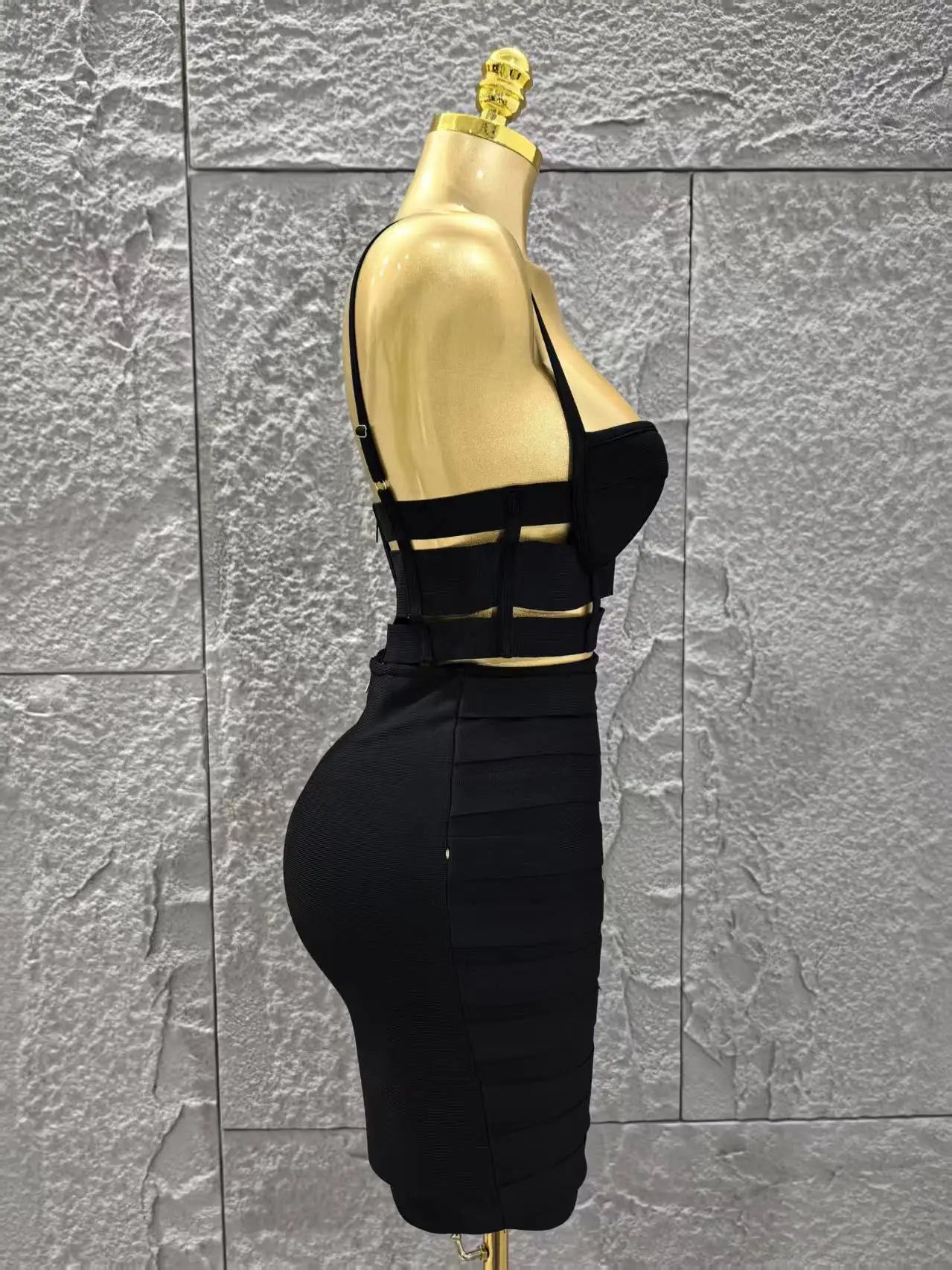 Black Color Women Sleeveless Sexy Strap 2 Pieces Bodycon Mini Bandage Dress Nightclub Party Birthday Fashion Outfit Vestido