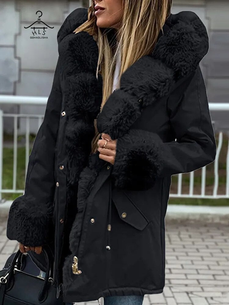 Women Detachable Woolen Collar Cotton Parks New In Hooded Warm Women's Cotton Jacket Zipper Fashion Coat Winter Clothes Women