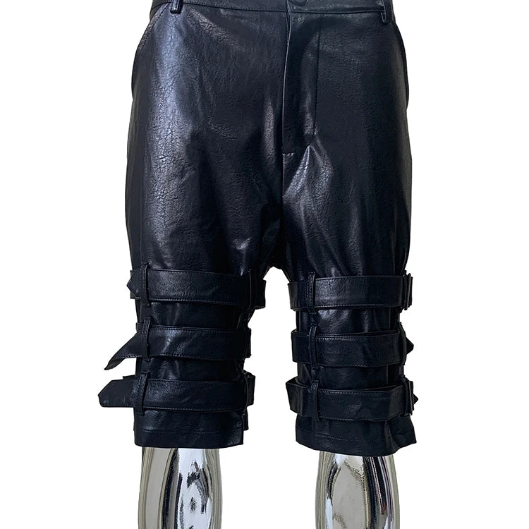 Lautaro Summer Cool Hard Black Pu Leather Shorts for Men with Many Belt High Waist Short Punk Style European Fashion Emo Clothes Black